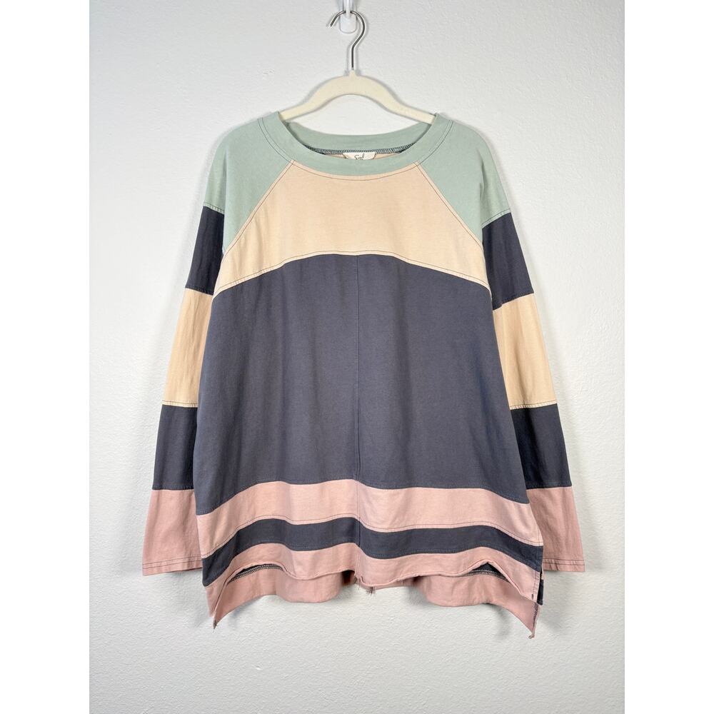Easel Boho Casual Hippie Colorblocked Round Neck Long Sleeve Tunic Tee